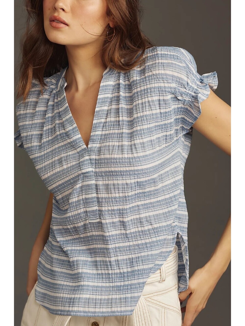 Pilcro Tatum Flutter-Sleeve Blouse | Blue White Stripe | Size S